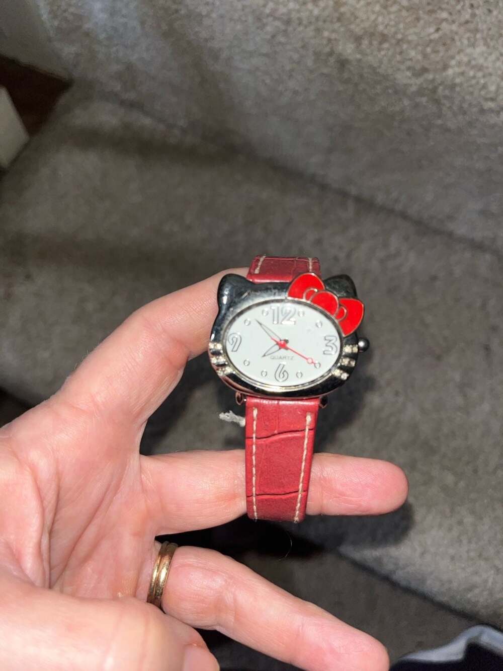 Hello Kitty Silver Tone Face Watch with Red Croc Embossed Leather Strap